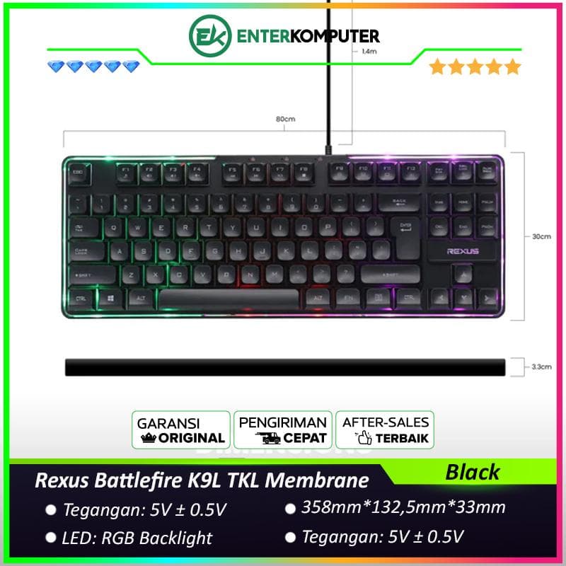 Rexus Battlefire K9L TKL Membrane Gaming Keyboard with RGB Backlight  - Black - foto 1