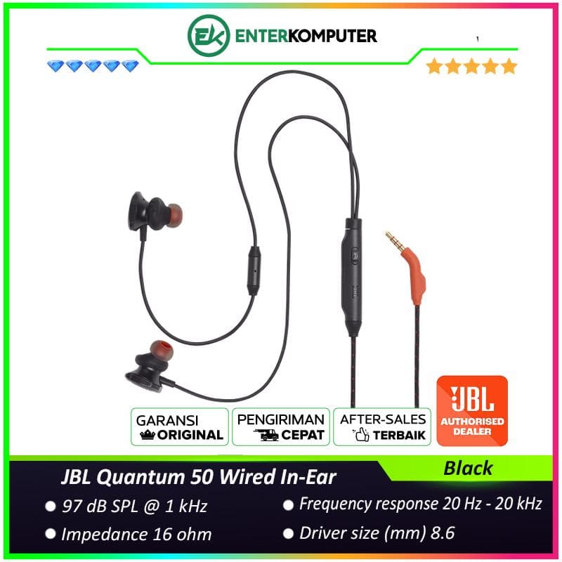 JBL Quantum 50 Wired In-Ear Gaming Headset with Volume Slider and Mic Mute - Black - foto 1