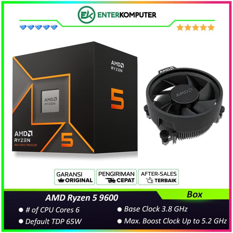 AMD Ryzen 5 9600 3.8GHz Up To 5.2GHz Cache 32MB 65W AM5 [Box] - 6 Core - 100-100000718BOX - with Wraith Stealth Cooler - foto 1