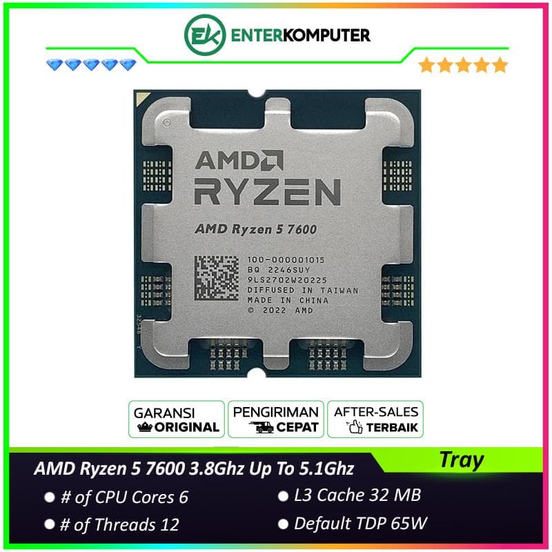 AMD Ryzen 5 7600 3.8Ghz Up To 5.1Ghz Cache 32MB 65W AM5 [Tray] - 6 Core - NEW UNIT - 1 Years Warranty Replacement - foto 1