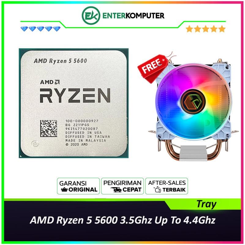 AMD Ryzen 5 5600 3.5Ghz Up To 4.4Ghz Cache 32MB 65W AM4 [Tray] - 6 Core - NEW UNIT - 1 Years Warranty Replacement (with CUBE GAMING WIND V2 - 2 Copper Heat Pipes - Mirror RGB TOP Cover - Gaming CPU Cooler Rainbow Led) - foto 1