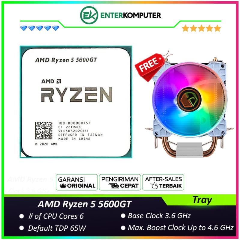 AMD Ryzen 5 5600GT 3.6Ghz Up To 4.6Ghz Cache 16MB 65W AM4 [Tray] - 6 Core - NEW UNIT - 1 Years Warranty Replacement (with CUBE GAMING WIND V2 - 2 Copper Heat Pipes - Mirror RGB TOP Cover - Gaming CPU Cooler Rainbow Led) - foto 1