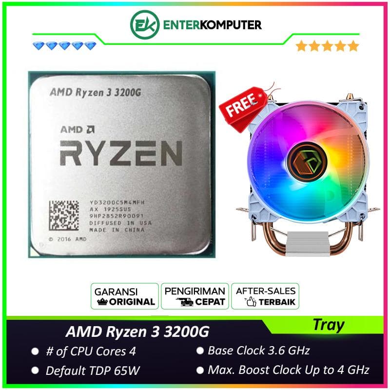 AMD Ryzen 3 3200G 3.6Ghz Up To 4.0Ghz Cache 4MB 65W AM4 [Tray] - 4 Core - NEW UNIT - 1 Years Warranty Replacement (with CUBE GAMING WIND V2 - 2 Copper Heat Pipes - Mirror RGB TOP Cover - Gaming CPU Cooler Rainbow Led) - foto 1