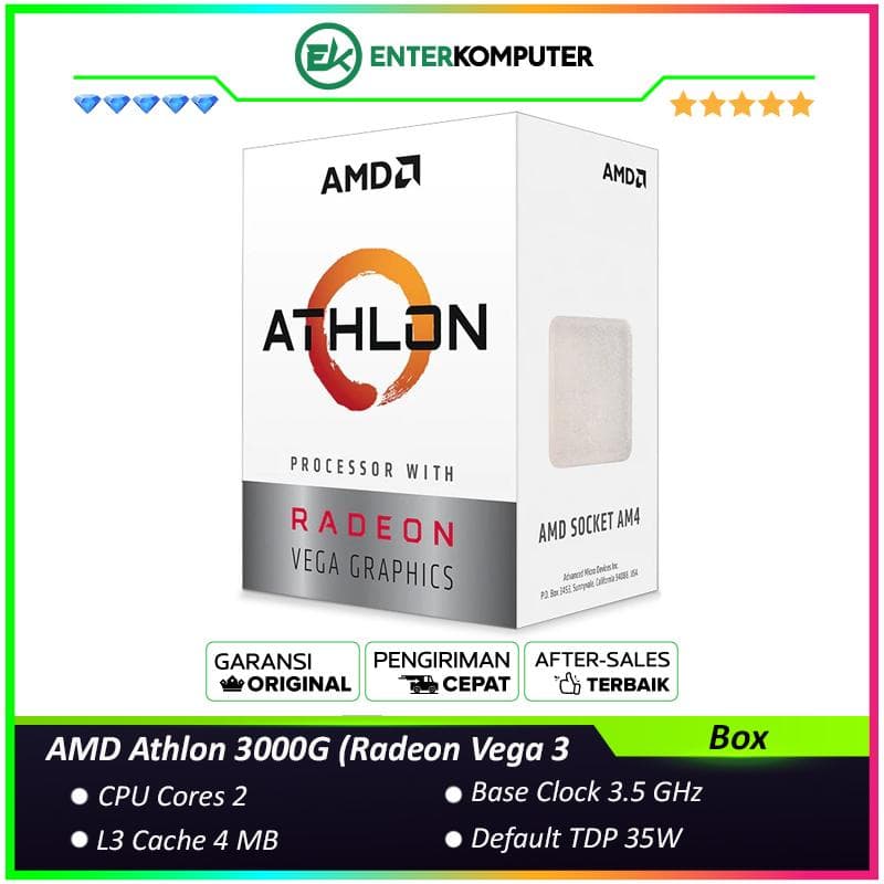 AMD Athlon 3000G (Radeon Vega 3) 3.5Ghz Cache 4MB 35W Socket AM4 [BOX] - 2 Core - YD3000C6FHSBX - foto 1