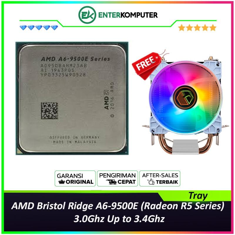 AMD Bristol Ridge A6-9500E (Radeon R5 Series) 3.0Ghz Up to 3.4Ghz Cache 1MB 35W Socket AM4 [Tray] - 2 Core - NEW UNIT (with CUBE GAMING WIND V2 - 2 Copper Heat Pipes - Mirror RGB TOP Cover - Gaming CPU Cooler Rainbow Led) - 1 Years Warranty Replacement - foto 1