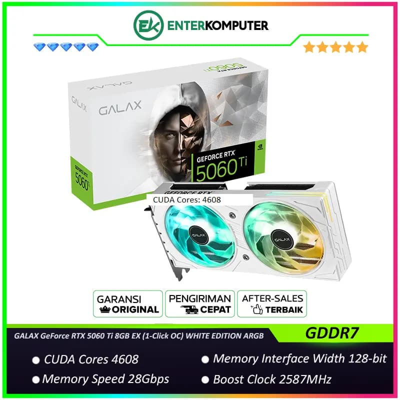 GALAX GeForce RTX 5060 Ti 8GB GDDR7 EX (1-Click OC) WHITE EDITION - ARGB LIGHTING OVERHAUL - DUAL FAN - Garansi 3 Thn - foto 1