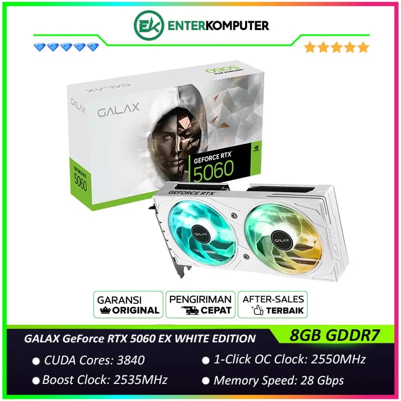 GALAX GeForce RTX 5060 8GB GDDR7 EX (1-Click OC) WHITE EDITION - ARGB LIGHTING OVERHAUL - DUAL FAN - Garansi 3 Thn - foto 1
