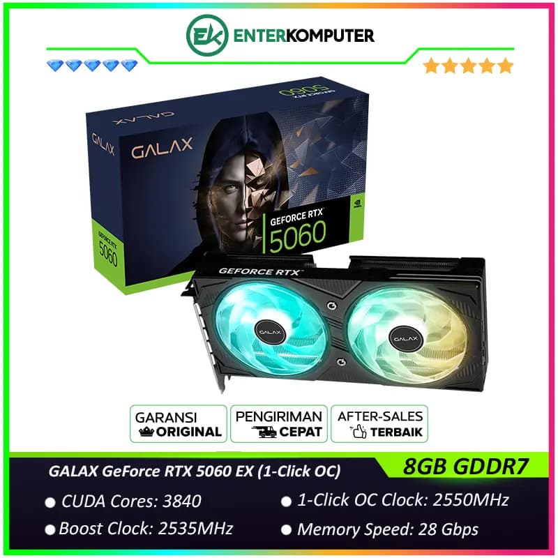 GALAX GeForce RTX 5060 8GB GDDR7 EX (1-Click OC) - ARGB LIGHTING OVERHAUL - DUAL FAN - Garansi 3 Thn - foto 1