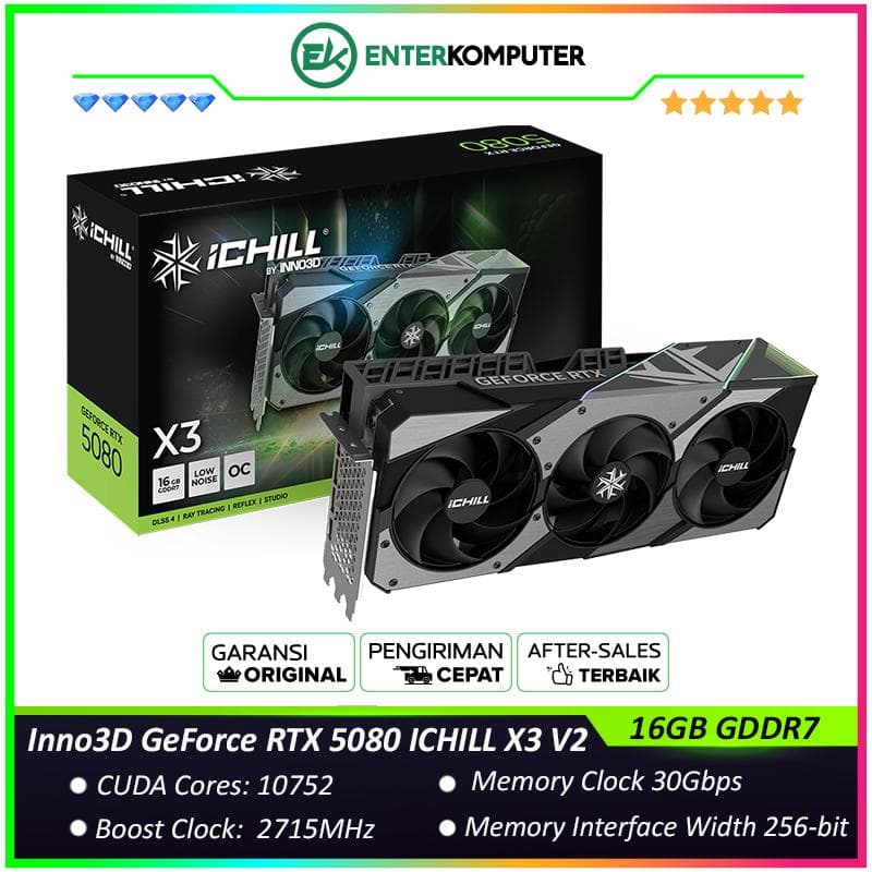 Inno3D GeForce RTX 5080 16GB GDDR7 ICHILL X3 V2 - Programmable RGB - Enormous Cooler with TRIPLE FAN - Garansi 3 Thn - foto 1
