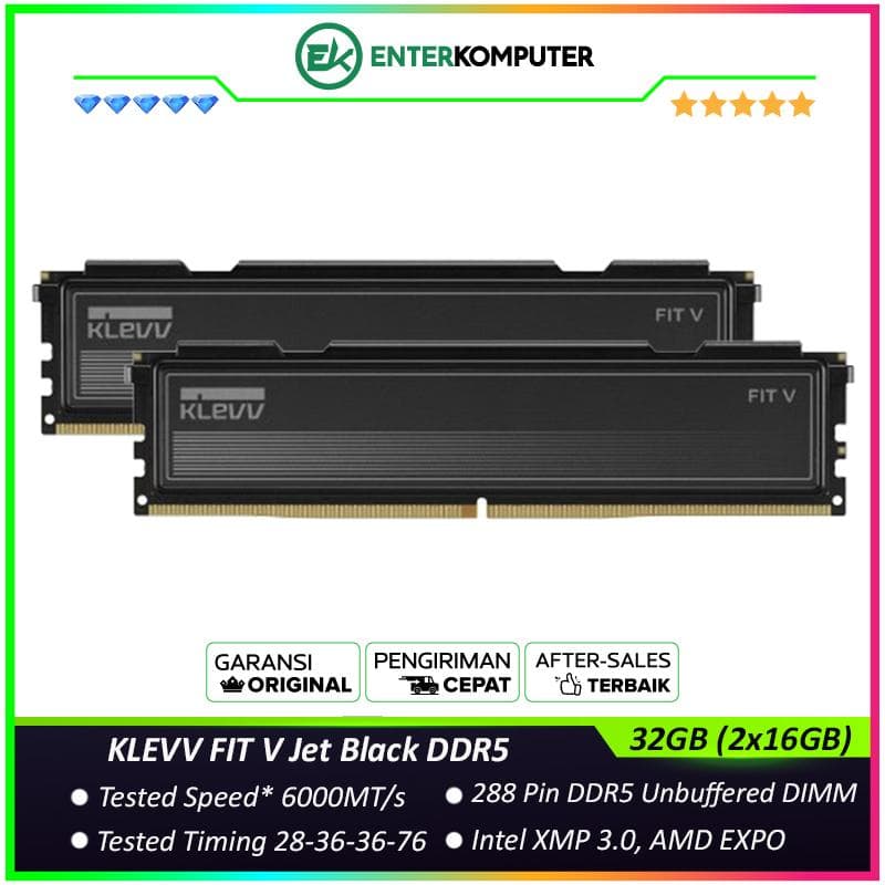 KLEVV FIT V Jet Black DDR5 PC48000 6000MHz 32GB (2x16GB) 28-36-36-76 - KD5AGU880-60B280L - foto 1