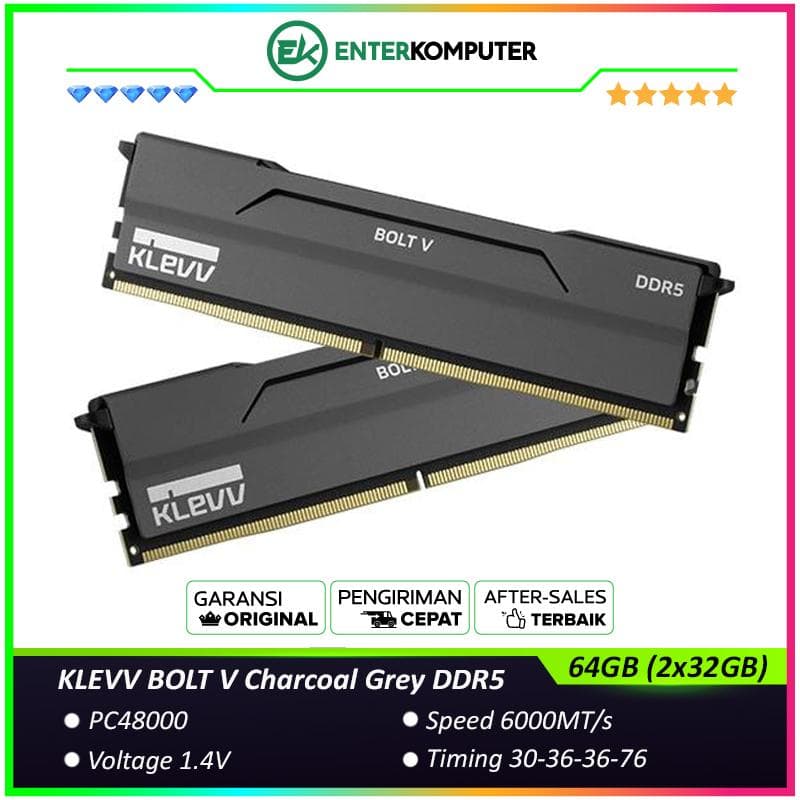 KLEVV BOLT V Charcoal Grey DDR5 PC48000 6000MHz 64GB (2x32GB) 30-36-36-76 - KD5BGUA80-60A300H - foto 1