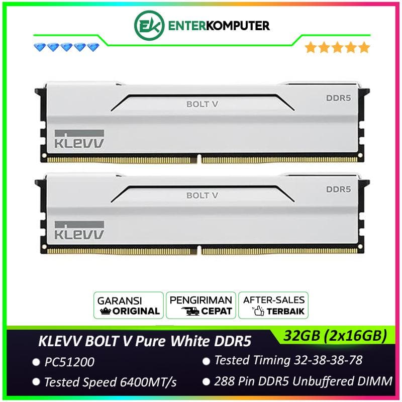 KLEVV BOLT V Pure White DDR5 PC51200 6400MHz 32GB (2x16GB) 32-38-38-78 - KD5AGUA80-64A320I - foto 1