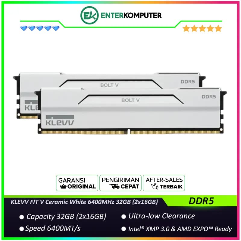 KLEVV BOLT V Pure White DDR5 PC51200 6400MHz 32GB (2x16GB) 30-38-38-78 - KD5AGUA80-64B300I - foto 1