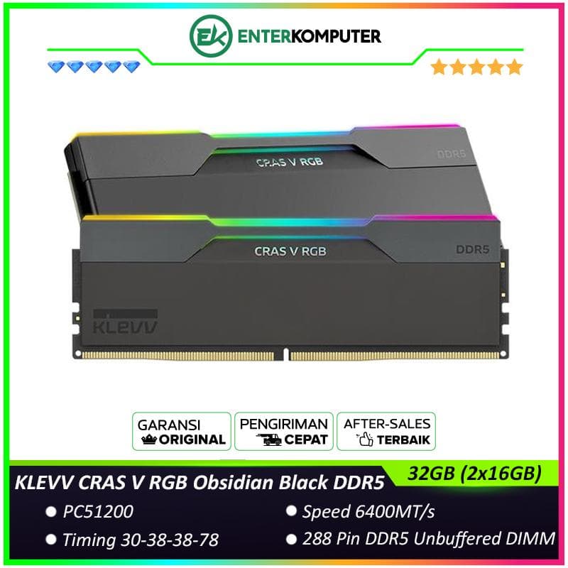 KLEVV CRAS V RGB Obsidian Black DDR5 PC51200 6400MHz 32GB (2x16GB) 30-38-38-78 - KD5AGUA80-64B300G - foto 1