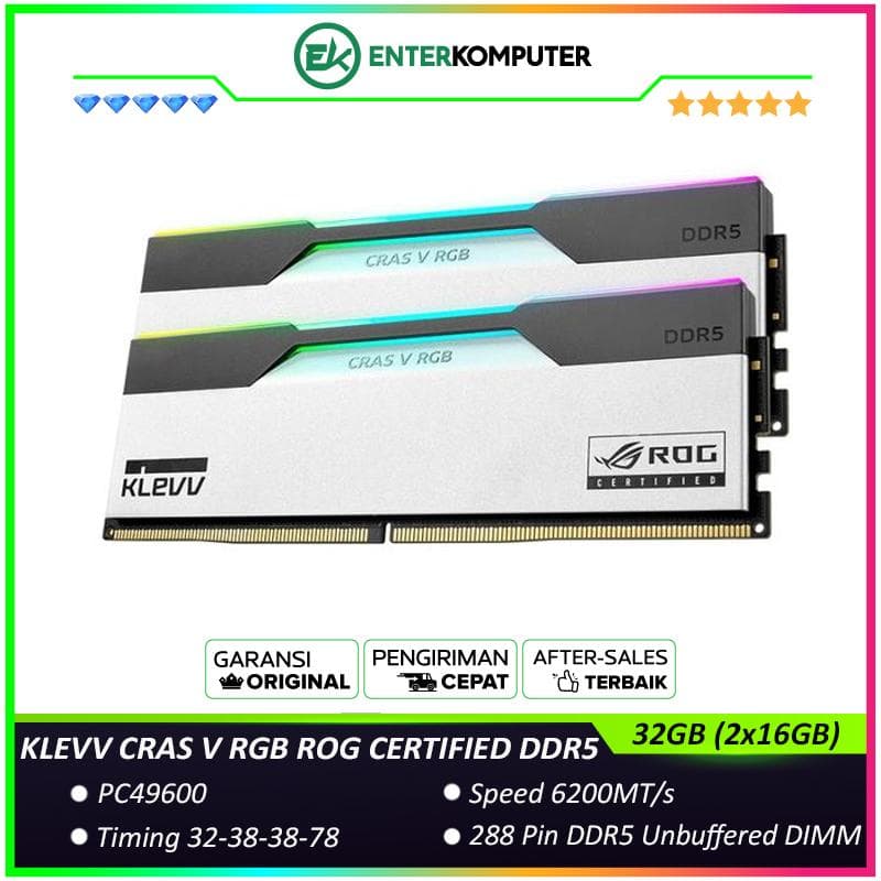 KLEVV CRAS V RGB ROG CERTIFIED DDR5 PC49600 6200MHz 32GB (2x16GB) 32-38-38-78 - KD5AGUA80-62B320P - foto 1