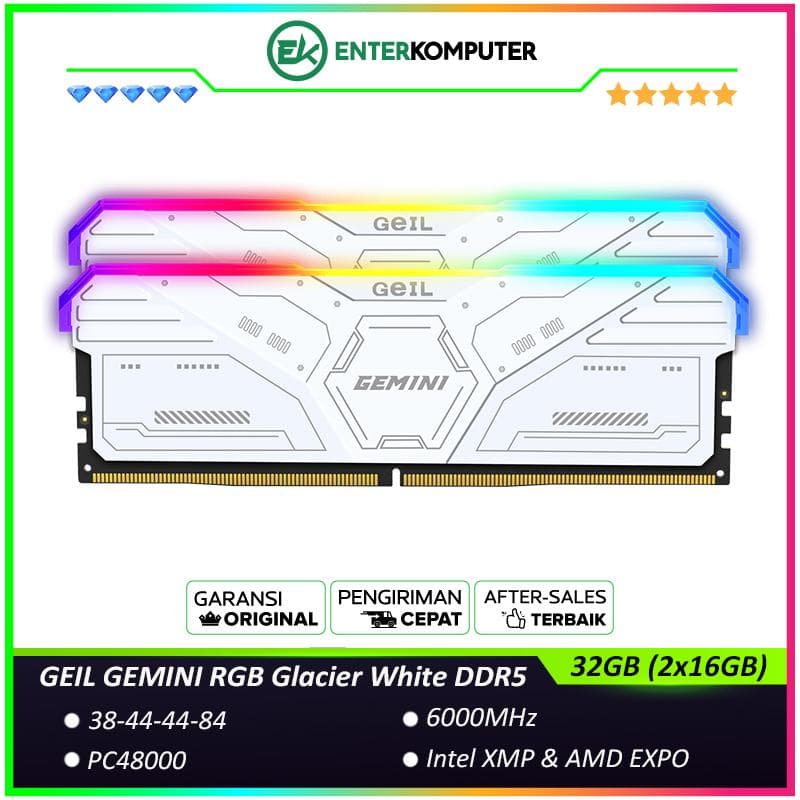 GEIL GEMINI RGB Glacier White DDR5 PC48000 6000MHz 32GB (2x16GB) 38-44-44-84 - GAMSW532GB6000C38BDC (Intel XMP & AMD EXPO Ready) - foto 1