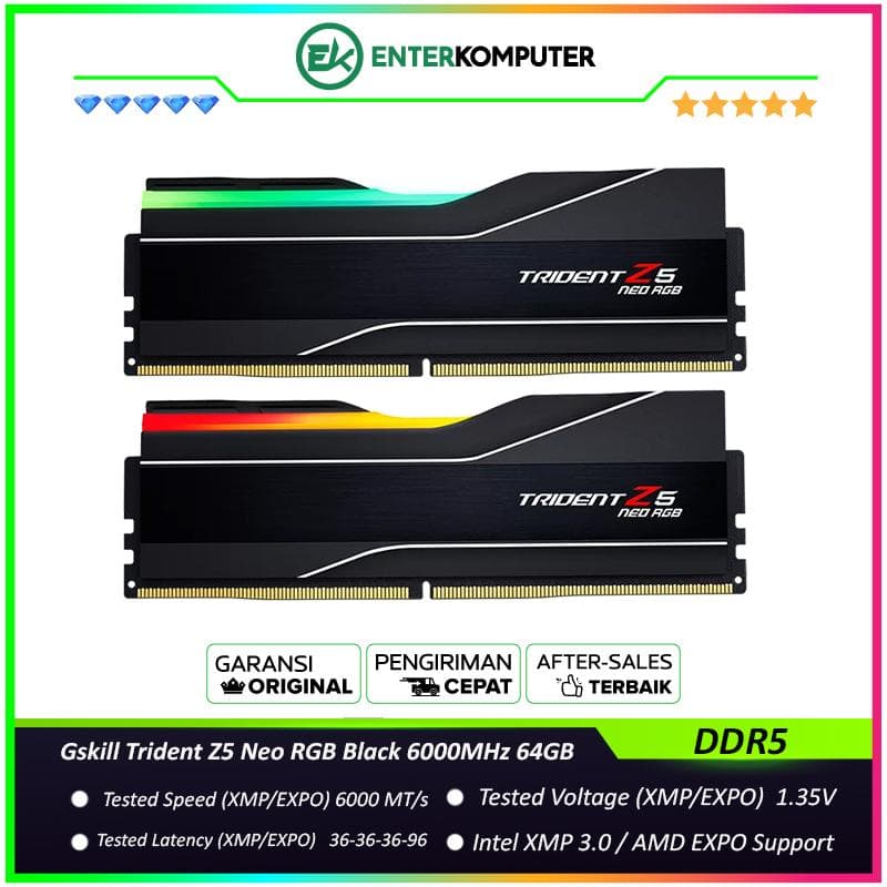 Gskill Trident Z5 Neo RGB Black DDR5 PC48000 6000MHz 64GB (2x32GB) 36-36-36-96 - F5-6000J3636F32GX2-TZ5NR - foto 1