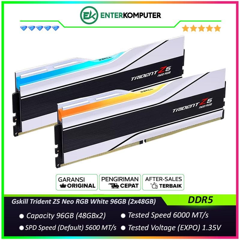 Gskill Trident Z5 Neo RGB White DDR5 PC48000 6000MHz 96GB (2x48GB) 30-36-36-96 - F5-6000J3036F48GX2-TZ5NRW - foto 1