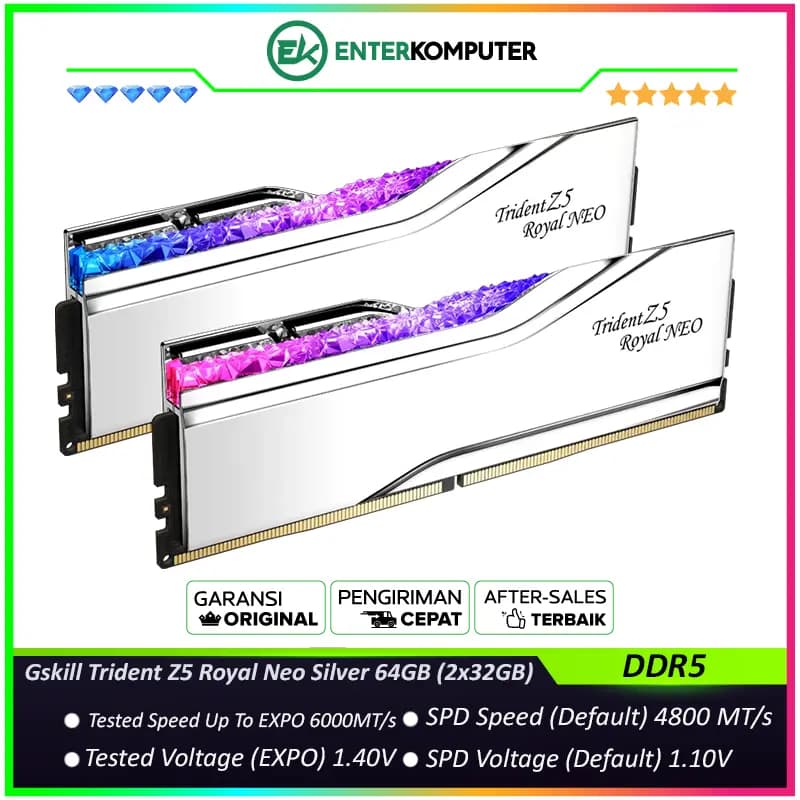 Gskill Trident Z5 Royal Neo Silver DDR5 PC48000 6000MHz 64GB (2x32GB) 30-36-36-96 - F5-6000J3036G32GX2-TR5NS - foto 1