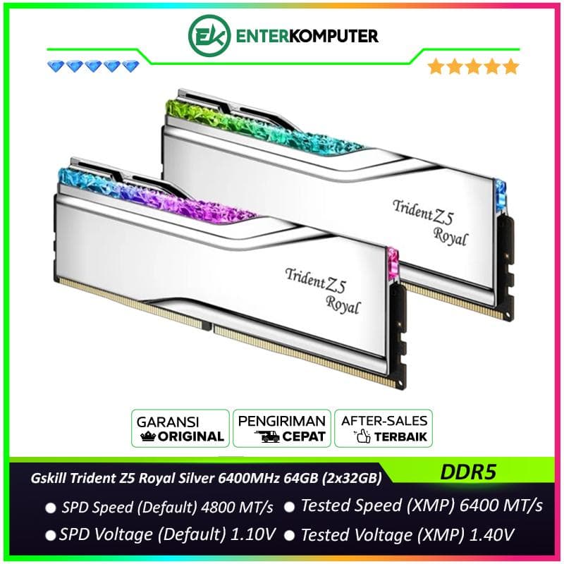 Gskill Trident Z5 Royal Silver DDR5 PC51200 6400MHz 64GB (2x32GB) 32-39-39-102 - F5-6400J3239G32GX2-TR5S - foto 1