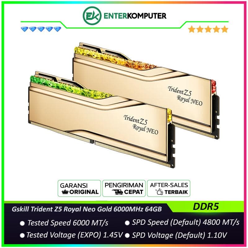 Gskill Trident Z5 Royal Neo Gold DDR5 PC48000 6000MHz 64GB (2x32GB) 26-36-36-96 - F5-6000J2636H32GX2-TR5NG - foto 1