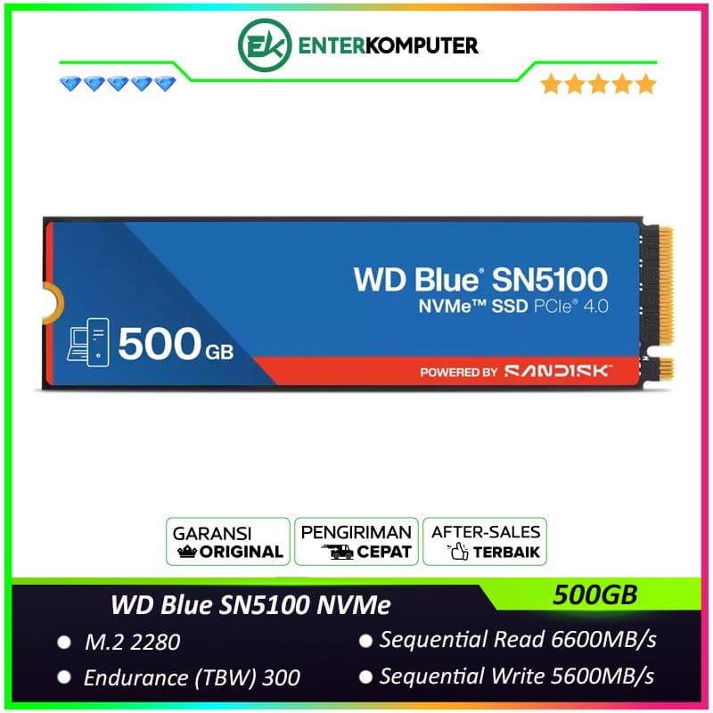 WD Blue SN5100 NVMe SSD 500GB M.2 2280 PCIe Gen4 x4 - R 6600MB/s W 5600MB/s - foto 1