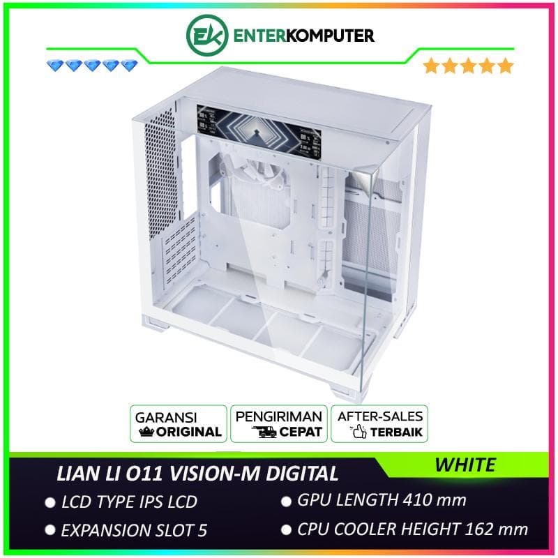 LIAN LI O11 VISION-M DIGITAL WHITE - Collaboration with PCMR - 3 Sides Of Glass - 8.8″ IPS LCD 60Hz Universal Screen - Enhanced Modularity - Concealed Radiator Design - USB Type C Included - Free 1Pc 140MM FANS - foto 1