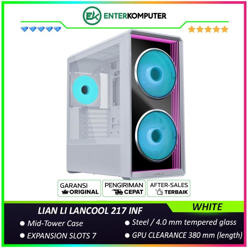 LIAN LI LANCOOL 217 INF WHITE - Mid-Tower Case - 4.0mm Tempered Glass - Front Panel Tempered Glass Built-in Infinity-Mirror Fans - FREE 2Pcs 170MM ARGB PWM Fan + 1Pc 140MM ARGB PWM Fan - USB Type C Included - foto 1