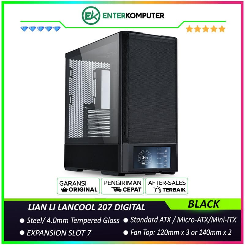 LIAN LI LANCOOL 207 DIGITAL BLACK - 6-inch LCD Screen with 60Hz Refresh Rate - 4.0mm Tempered Glass - Front Side PSU with Direct GPU Airflow - Anti-Sag GPU - FREE 2Pcs 140MM PWM Fan + 2Pcs 120MM PWM Fan - USB Type C Included - foto 1