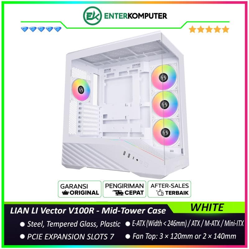 LIAN LI Vector V100R WHITE - Mid-Tower Case - 270° Seamless Visibility with ARGB Lighting Strip - Back-CONNECT Motherboards Compatible - 4MM Tempered Glass - USB Type C - FREE 3Pcs 120MM Reverse ARGB FAN + 1Pcs 120MM ARGB FAN - foto 1