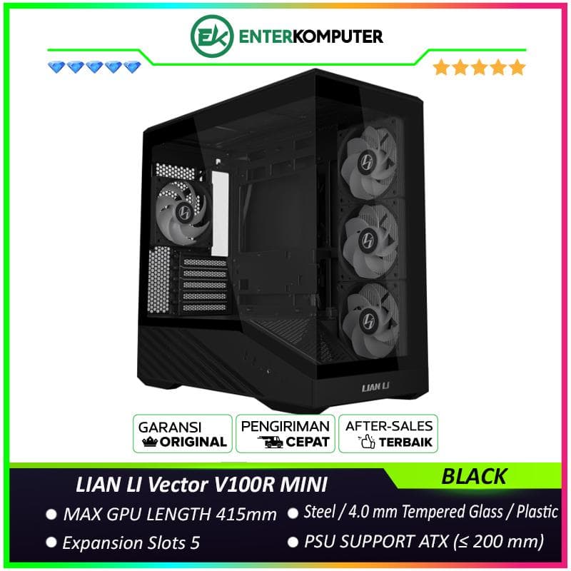 LIAN LI Vector V100R MINI BLACK - Micro-ATX Case - 270° Unobstructed Visibility with ARGB Lighting Strip - Back-CONNECT Micro-ATX Motherboards Compatible - 4MM Tempered Glass - USB Type C - FREE 3Pcs 120MM Reverse ARGB FAN + 1Pcs 120MM ARGB FAN - foto 1