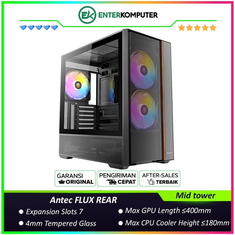 Antec FLUX REAR - Mid-Tower Gaming Case - F-LUX Platform - 4mm Tempered Glass Side Panel - Premium Wood Material on Front Panel with Combination Metal Mesh - Type-C 3.2 Gen 2 Ready - FREE 3Pcs 140mm ARGB PWM Fans + 2Pcs 120mm Reverse PWM Fans - foto 1