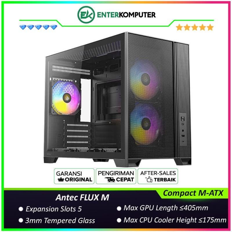 Antec FLUX M - Compact M-ATX Gaming Case - F-LUX Platform - 3mm Tempered Glass Side Panel - Flow Luxury with Metal Mesh On Front Panel - Tool-Free Panel Design - Type-C 3.2 Gen 2 Ready - FREE 3Pcs 120mm ARGB PWM Fans + 3Pcs 120mm Reverse PWM Fans - foto 1