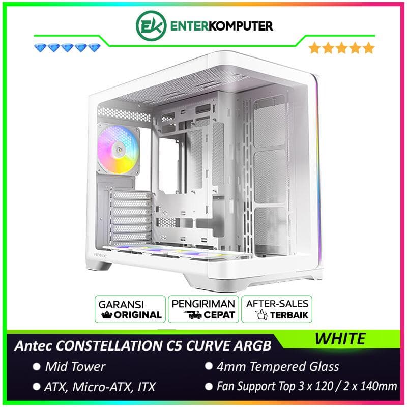 Antec CONSTELLATION C5 CURVE WHITE ARGB - Mid-Tower Gaming Case - Panoramic View - Dual Chamber Design - 4mm Tempered Curved Glass - Type-C 3.2 Gen 2 Ready - Free 3Pcs 120mm PWM ARGB Fans Reverse + 1Pcs 120mm PWM ARGB Fans - foto 1
