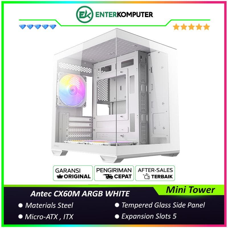 Antec CX60M ARGB WHITE - Mini Tower Gaming Case - Panoramic View - Dual Chamber Design - Tool-Free Panels - Tempered Glass - Type C Ready - Free 2Pcs 120mm ARGB Fans Reverse + 1Pcs 120mm ARGB Fans - foto 1