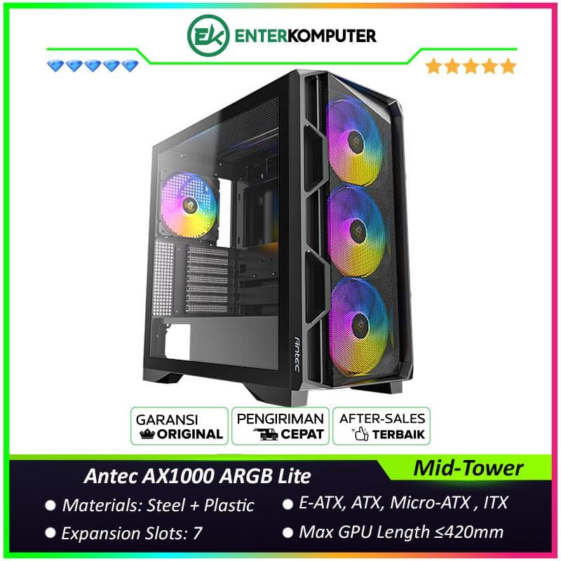 Antec AX1000 ARGB Lite - Mid-Tower Gaming Case - Sleek Geometric Design with Full-View Side - Tool-Free Panel Design - Tempered Glass Side Panel - FREE 3PCS 120mm ARGB Fans + 1PCS 120mm ARGB Fans - foto 1