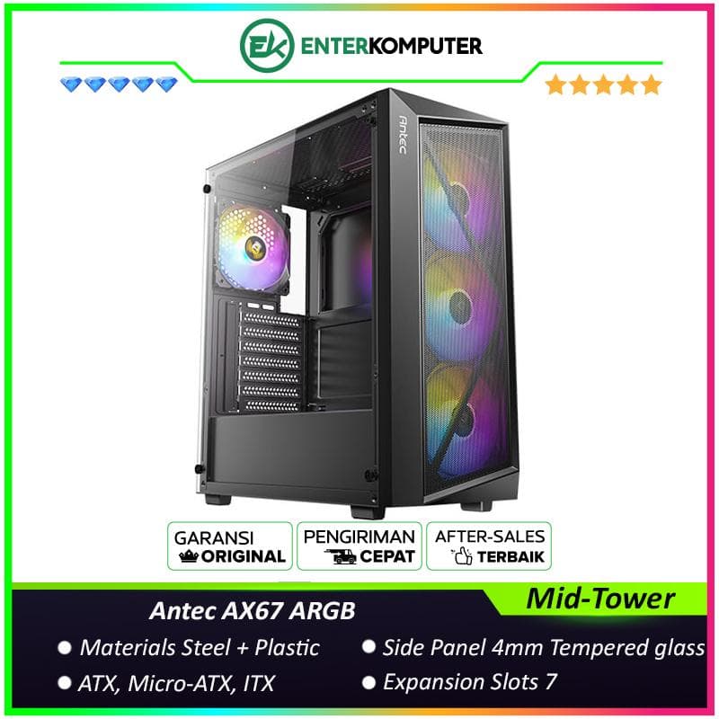 Antec AX67 ARGB - Mid-Tower Gaming Case - Stylish Geometric Mesh Front Panel - 4mm Tempered Glass Side Panel - FREE 3PCS 120mm ARGB Fans + 1PCS 120mm ARGB Fans - foto 1