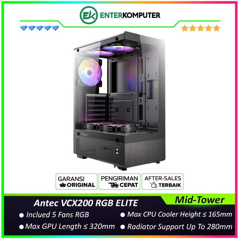 Antec VCX200 RGB ELITE - Mid-Tower ATX Gaming Case - Tempered Glass Side Panel - Free 3Pcs 120mm RGB Fans + 2Pcs 120mm RGB Fans Reverse - foto 1