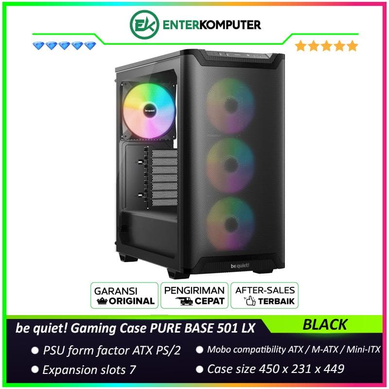 be quiet! Gaming Case PURE BASE 501 LX BLACK - Impressive Lighting with High Airflow Intake Front Panel and Top Cover For Maximum Performance - FREE 3PCS Light Wings LX 120mm PWM fans + 1PC Light Wings LX 140mm PWM fan - Type C 3.2 Ready - foto 1