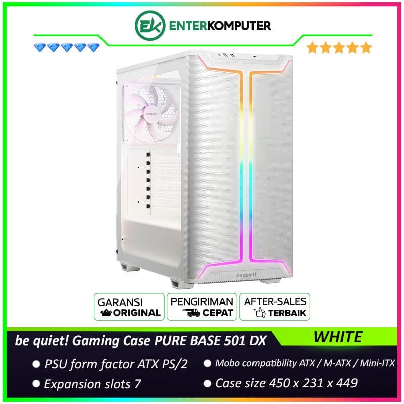 be quiet! Gaming Case PURE BASE 501 DX WHITE - Impressive Illuminated Lighting with High Airflow Intake Front Panel and Top Cover For Maximum Performance - FREE 3PCS Pure Wings 3 140mm PWM White fans - Type C 3.2 Ready - foto 1