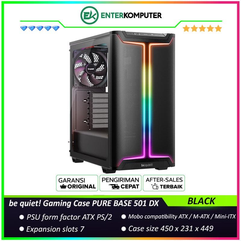 be quiet! Gaming Case PURE BASE 501 DX BLACK - Impressive Illuminated Lighting with High Airflow Intake Front Panel and Top Cover For Maximum Performance - FREE 3PCS Pure Wings 3 140mm PWM fans - Type C 3.2 Ready - foto 1