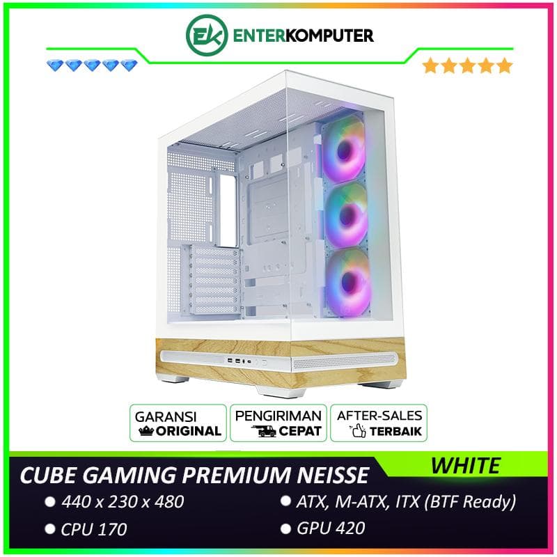 CUBE GAMING PREMIUM NEISSE WHITE - ATX Gaming Case - Panoramic View - All White Inside - BTF Mainboard Ready - Front & Left Side Tempered Glass with Tools Free - USB Type C Ready - PSU Cover - Dust Filter - FREE 3PCS 12CM ARGB FAN - foto 1