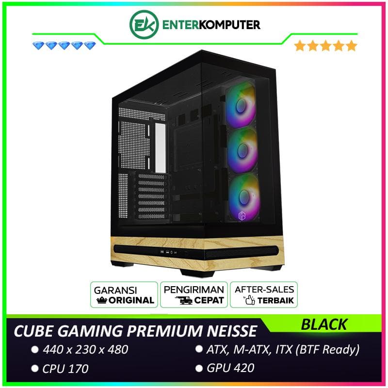 CUBE GAMING PREMIUM NEISSE BLACK - ATX Gaming Case - Panoramic View - BTF Mainboard Ready - Front & Left Side Tempered Glass with Tools Free - USB Type C Ready - PSU Cover - Dust Filter - FREE 3PCS 12CM ARGB FAN - foto 1