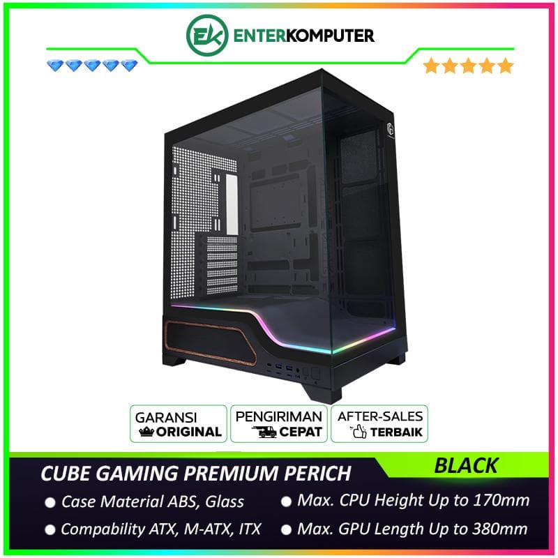 CUBE GAMING PREMIUM PERICH BLACK - ATX Gaming Case - Panoramic View - BTF Mainboard Ready - Front & Left Side Tempered Glass with Bottom ARGB LED Strip - USB Type C Ready - PSU Cover - Dust Filter - foto 1