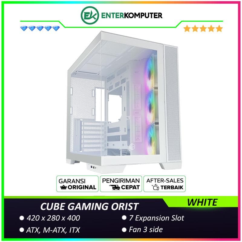 CUBE GAMING ORIST WHITE - ATX Gaming Case - All White Inside - BTF Mainboard Ready - Front & Left Side Tempered Glass with Tools Free - Aesthetic Dual Chamber Design - Airflow Potential - Dust Filter - FREE 3PCS 12CM ARGB FAN - foto 1