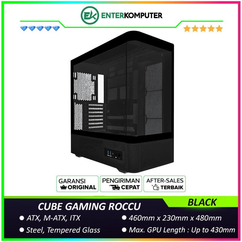 CUBE GAMING ROCCU BLACK - ATX Gaming Case - Panoramic View - BTF Mainboard Ready - Front Curve Design & Left Side Tempered Glass - Dust Filter - PSU Cover - foto 1