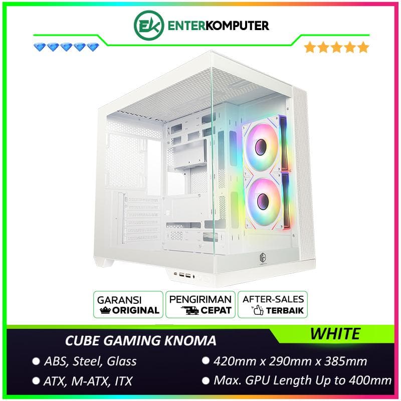 CUBE GAMING KNOMA WHITE - ATX Gaming Case - Front & Left Side Tempered Glass - USB Type C Included - Dust Filter - FREE 2Pcs 120mm Reverse Infinity Mirror ARGB Fan - foto 1