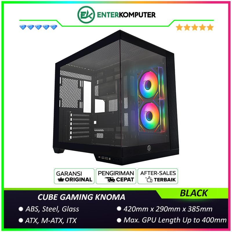 CUBE GAMING KNOMA BLACK - ATX Gaming Case - Front & Left Side Tempered Glass - USB Type C Included - Dust Filter - FREE 2Pcs 120mm Reverse Infinity Mirror ARGB Fan - foto 1