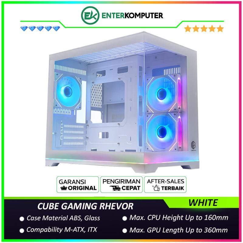 CUBE GAMING RHEVOR WHITE - mATX Gaming Case - Panoramic View - Aesthetic Mini Dual Chamber - Front & Left Side Tempered Glass with Bottom ARGB LED Strip - Dust Filter - FREE 2Pcs 120mm Reverse Infinity Mirror ARGB Fan + 1Pc 120mm Infinity Mirror ARGB Fan - foto 1