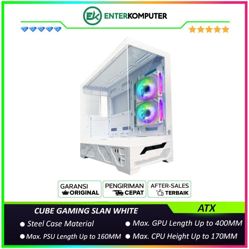 CUBE GAMING SLAN WHITE - ATX Gaming Case - All White Inside - Digital CPU/GPU Screen Display - Front & Left Side Tempered Glass - Airflow Potential - PSU Cover - Dust Filter - FREE 2Pcs 120mm Reverse Infinity Mirror ARGB Fan - foto 1
